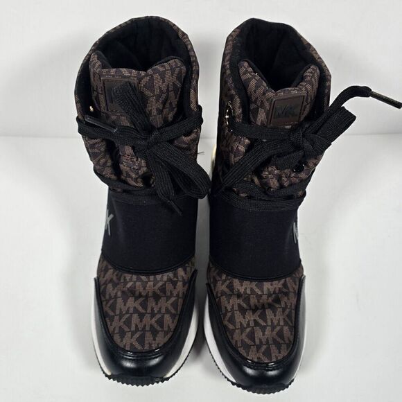 Michael Kors Liv Wedge Booties Womens 5 Black Brown‎ Monogram Soft Knit - Picture 5 of 12